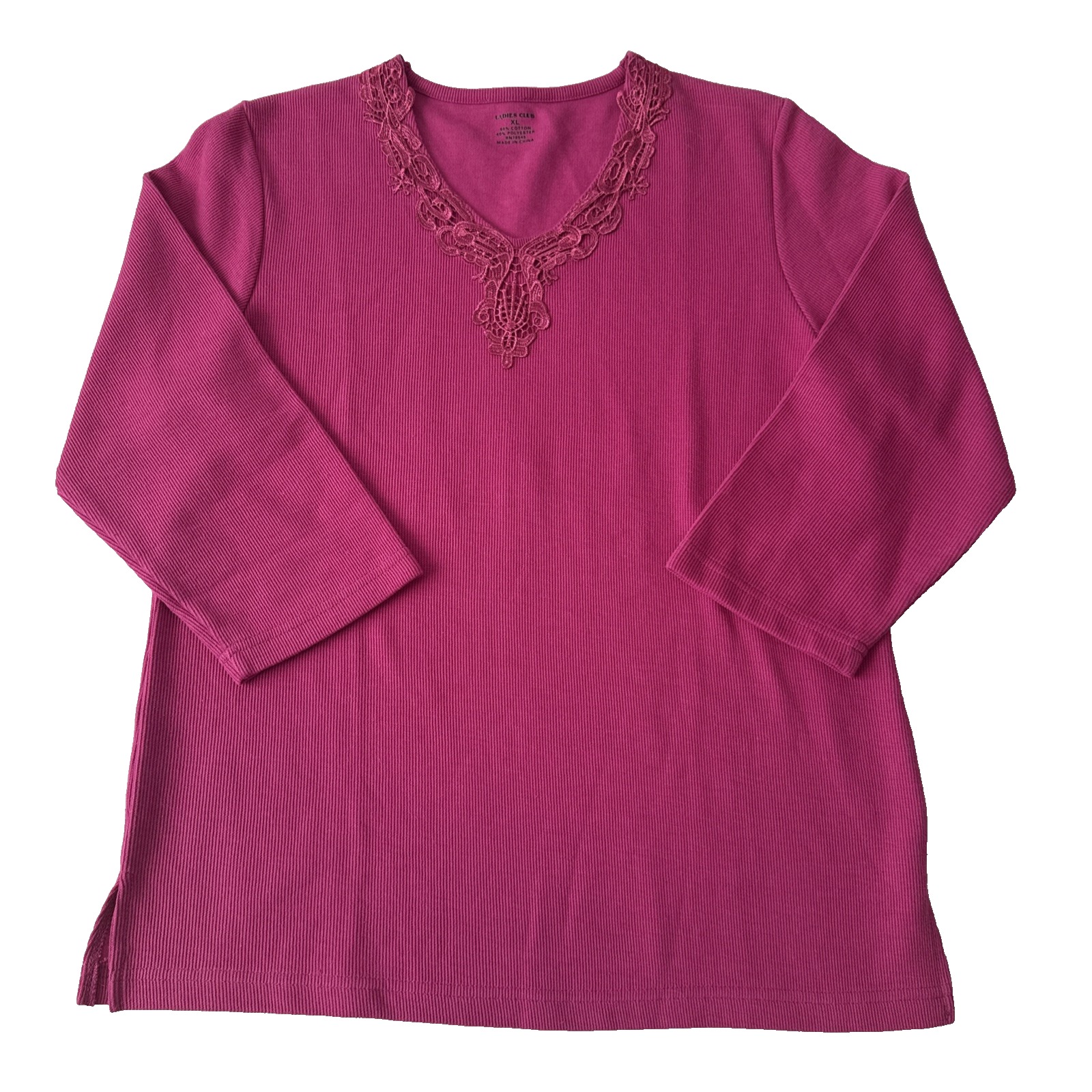 Ribbed Fitted Lace B Neck 3/4 Sleeve Top Women's Xl Pink Capsule Staple Boho
